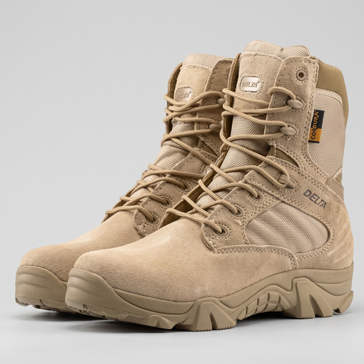 Tactical hiking boots with side zip - Khaki - pair, three-quarter front view