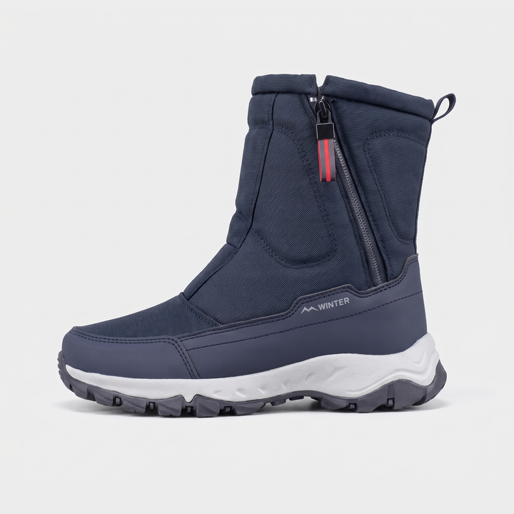 Waterproof side zip winter boot in navy, side view