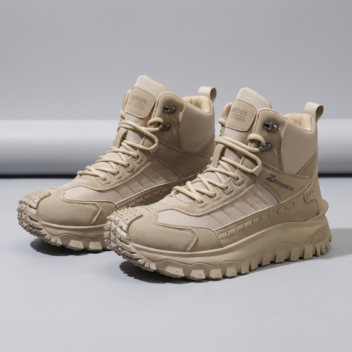 Men's high top hiking boots - Khaki - pair, three-quarter front view
