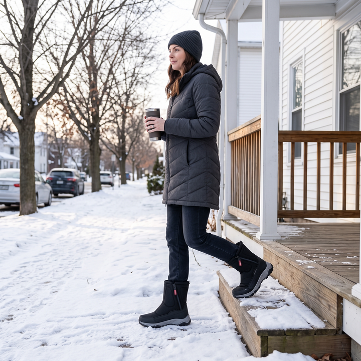 Stepping off a snowy porch in the side zip winter boots