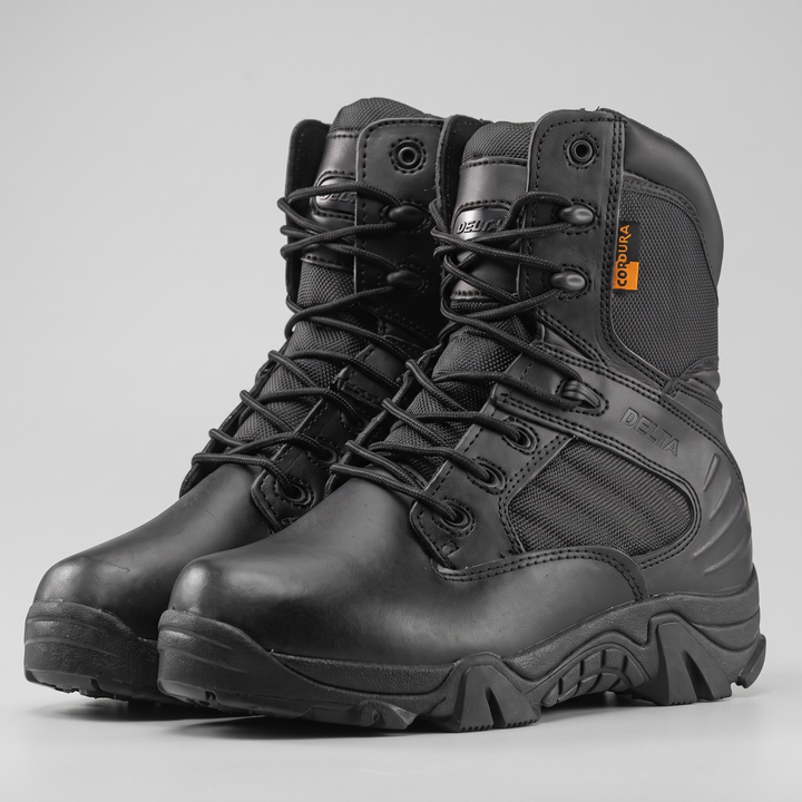 Tactical hiking boots with side zip - Black - pair, three-quarter front view