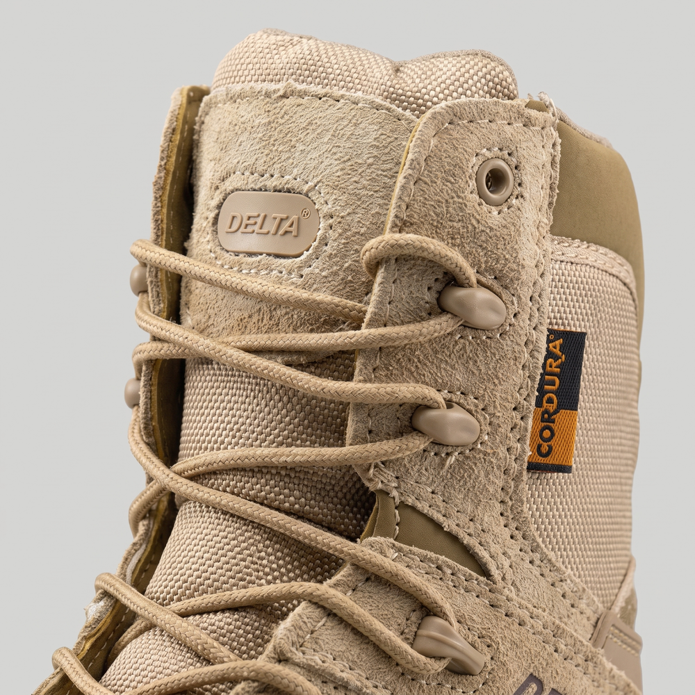 Tactical hiking boot - Khaki - lacing hardware and padded collar close-up