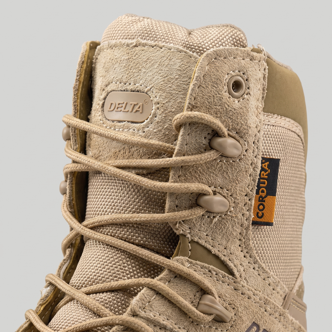 Tactical hiking boot - Khaki - lacing hardware and padded collar close-up