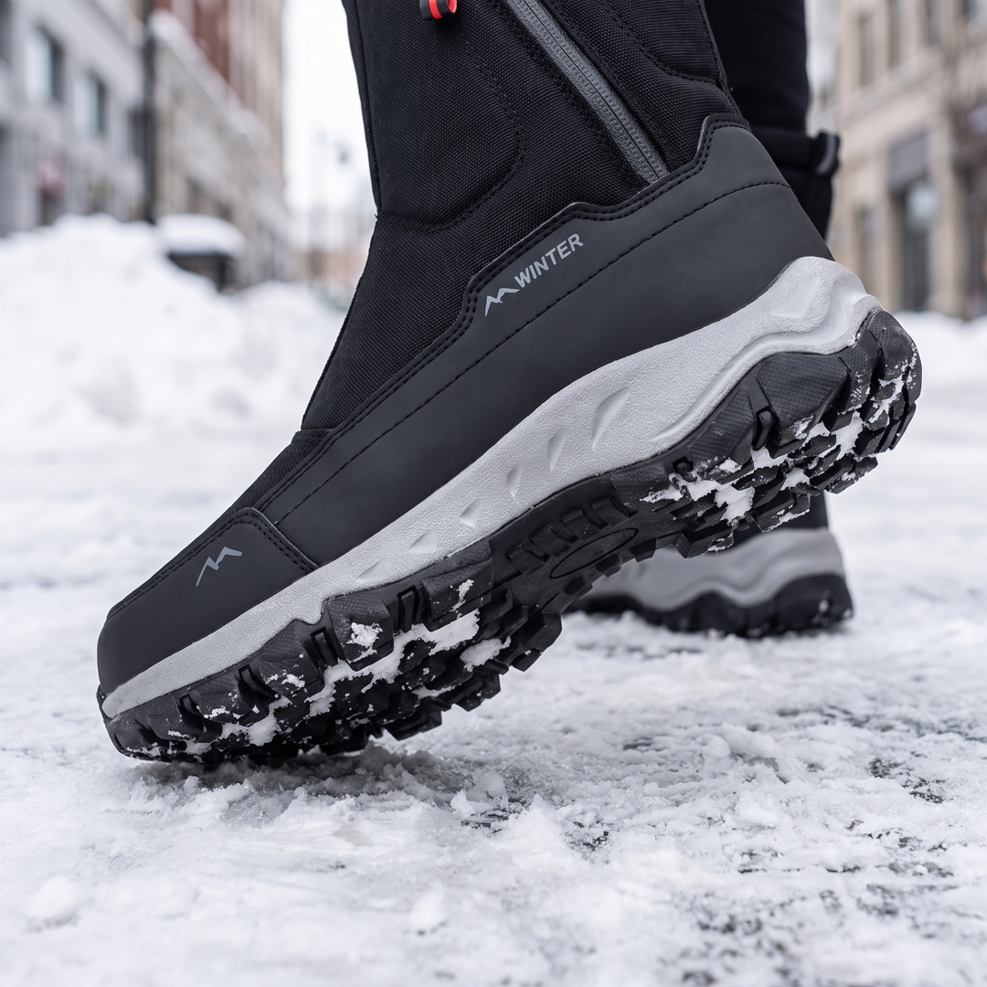 Lugged outsole and midsole on packed snow