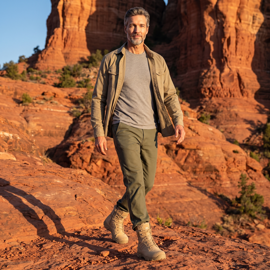 Man walking a red-rock trail in Khaki tactical hiking boots