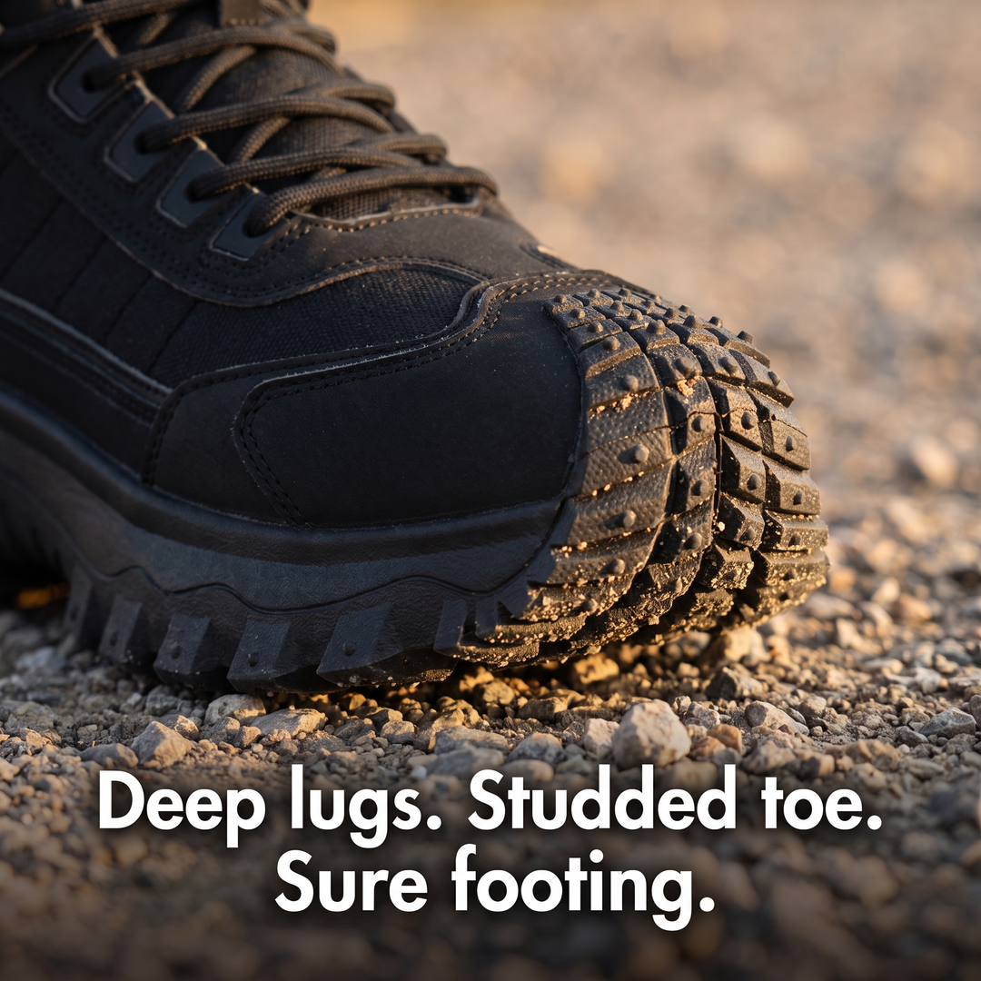 Studded toe and deep lugs of the hiking boot on a gravel trail