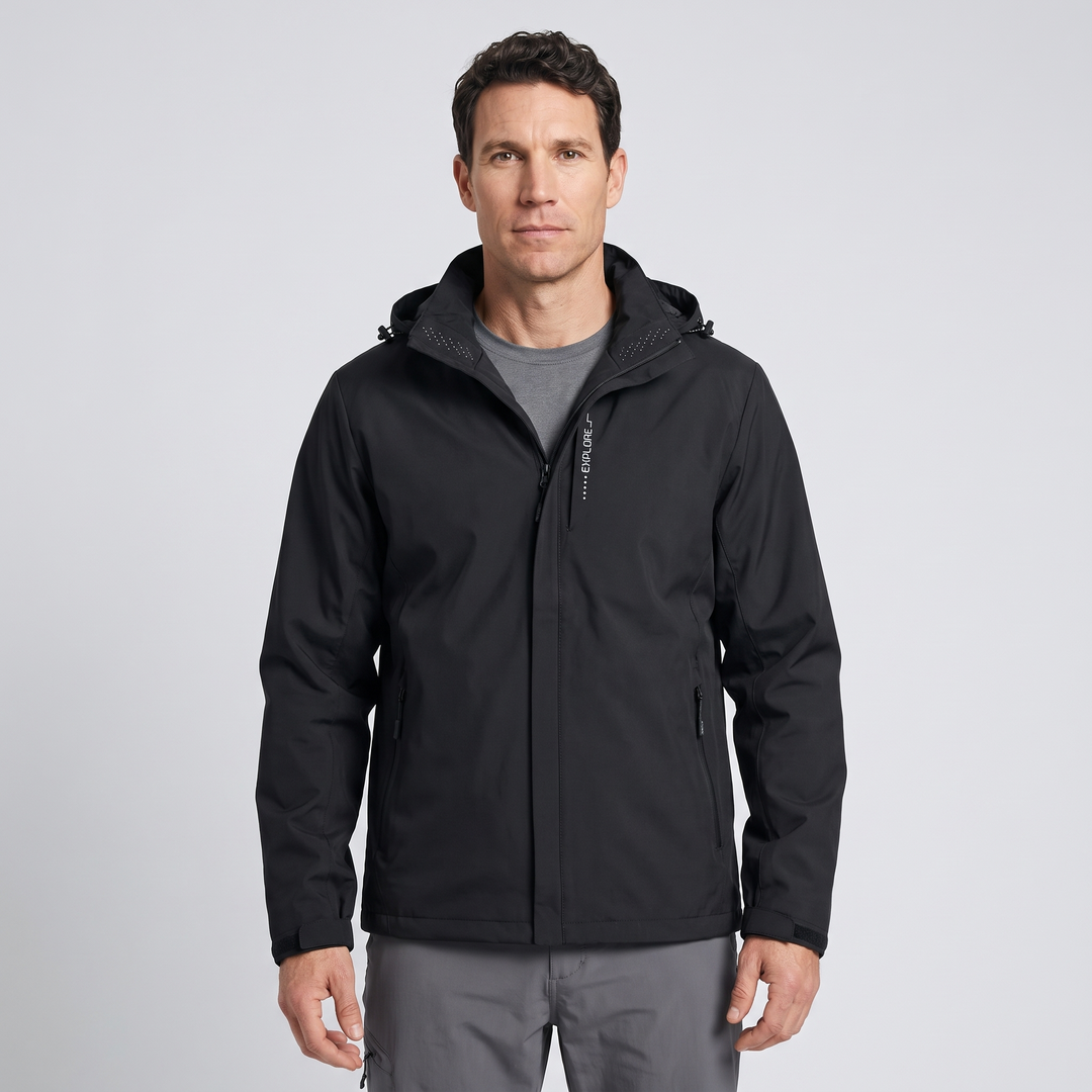 Waterproof rain jacket in Black - front view on model