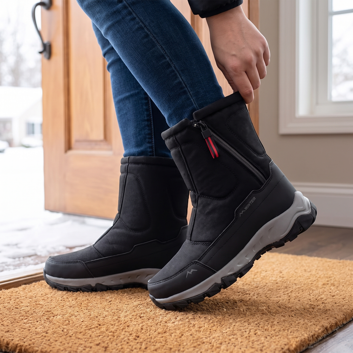 Pulling the boot on while standing at the front door