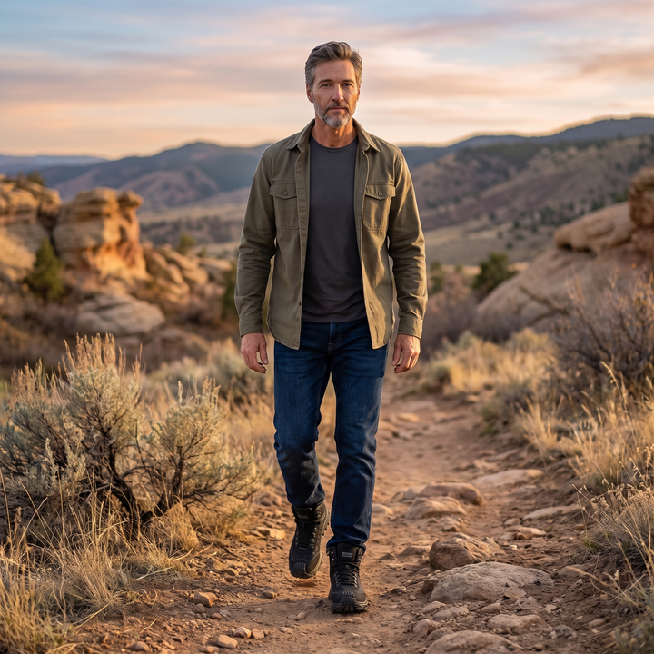 Man walking a Colorado foothills trail in Black hiking boots