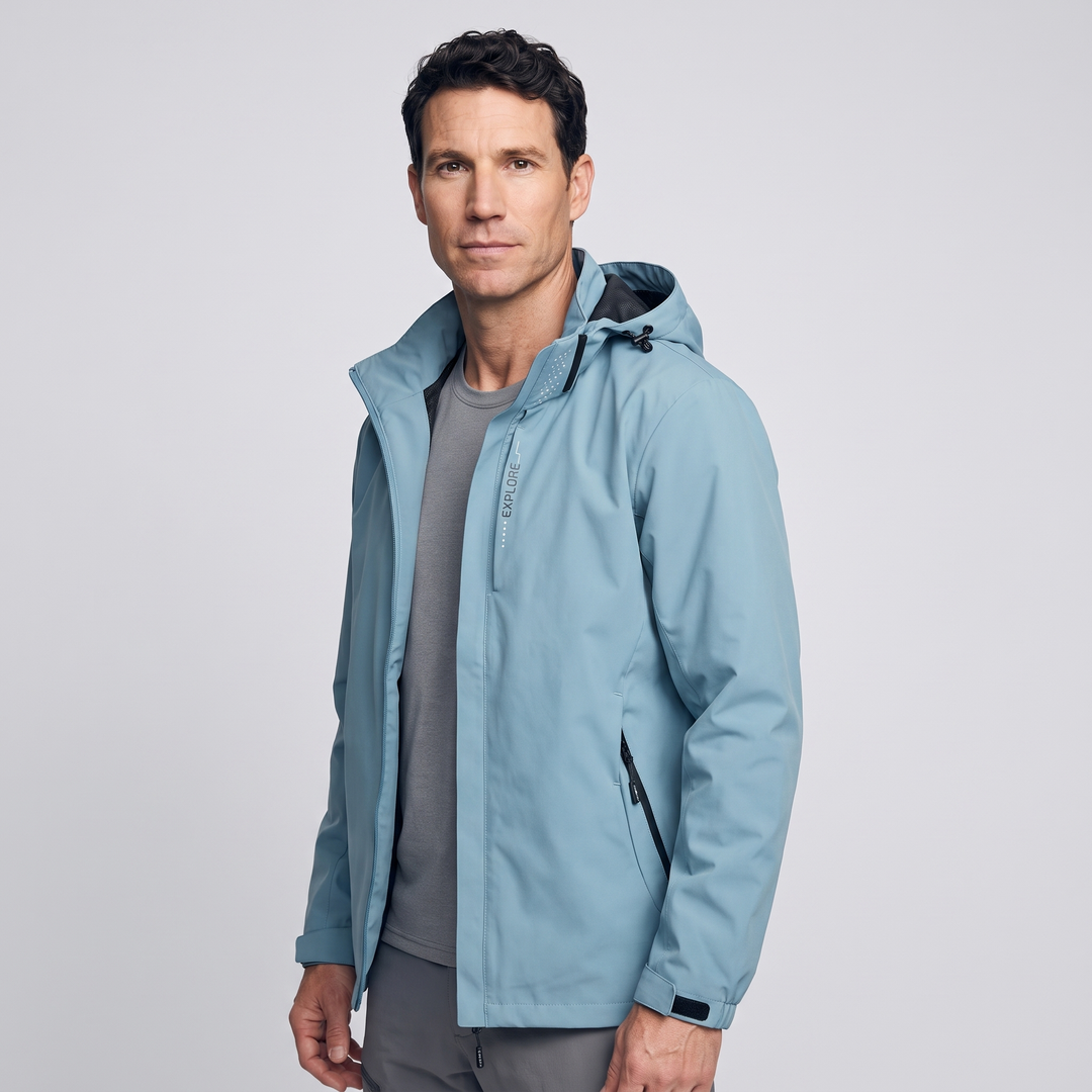 Waterproof rain jacket in Light Blue - three-quarter side view