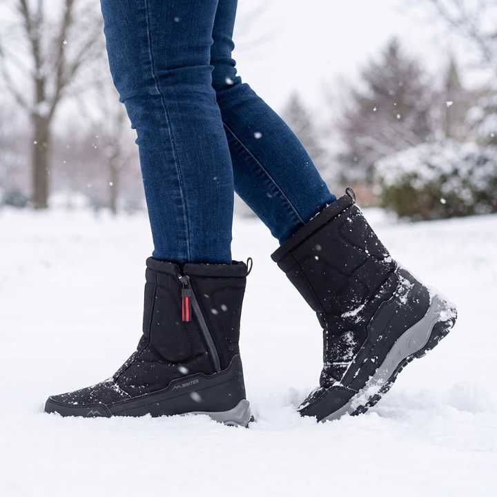 Mid-calf winter boots walking through fresh snow
