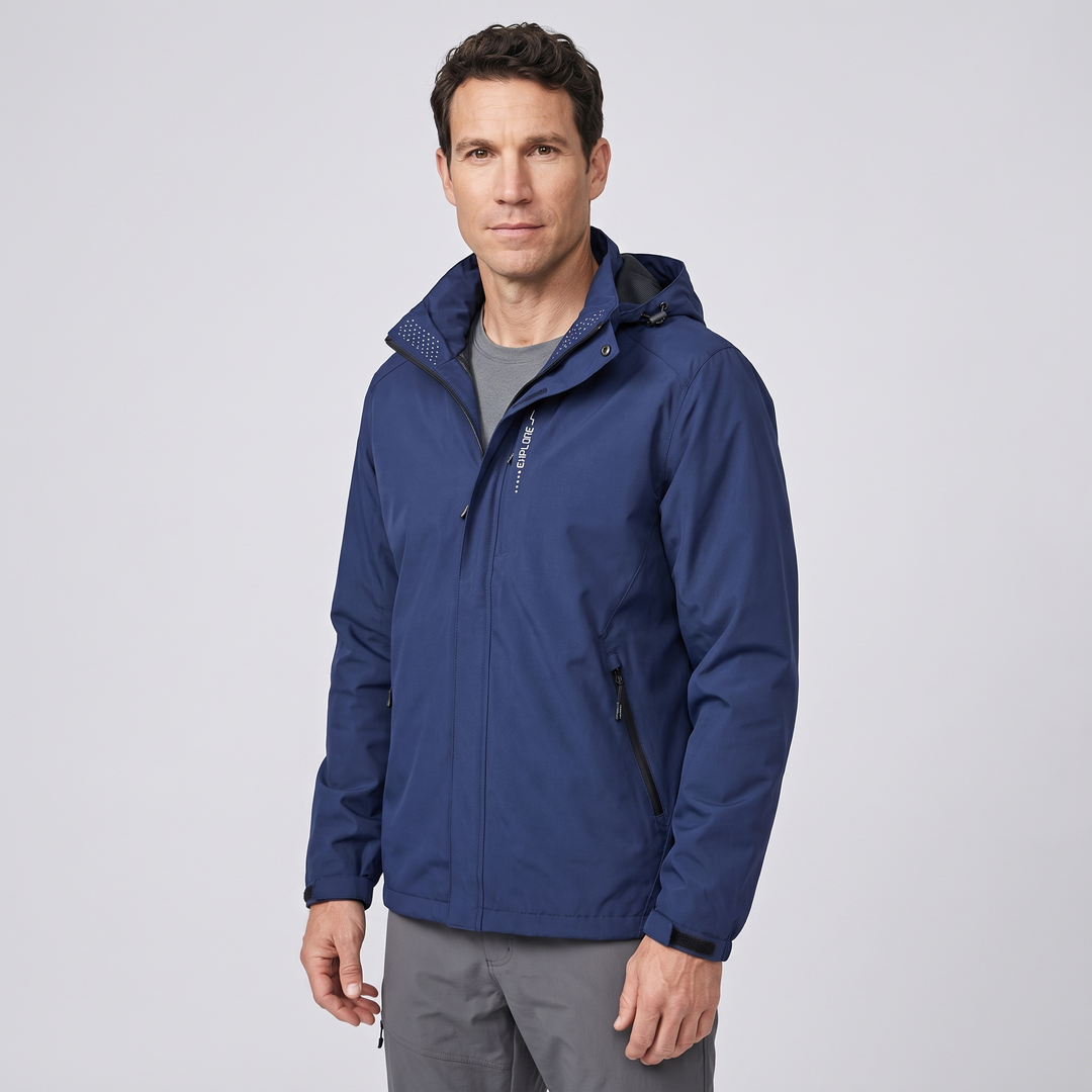 Waterproof rain jacket in Navy Blue - three-quarter side view