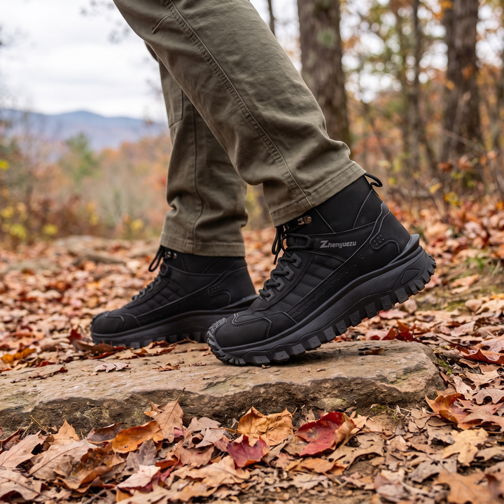 Black hiking boots stepping onto a rock slab on an autumn trail