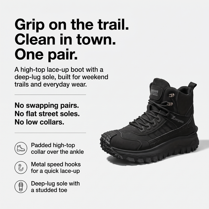 Hiking boot features - padded high-top collar, metal speed hooks, deep-lug sole