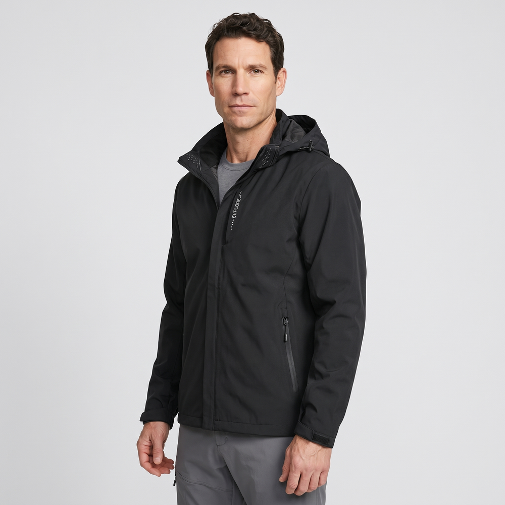 Waterproof rain jacket in Black - three-quarter side view