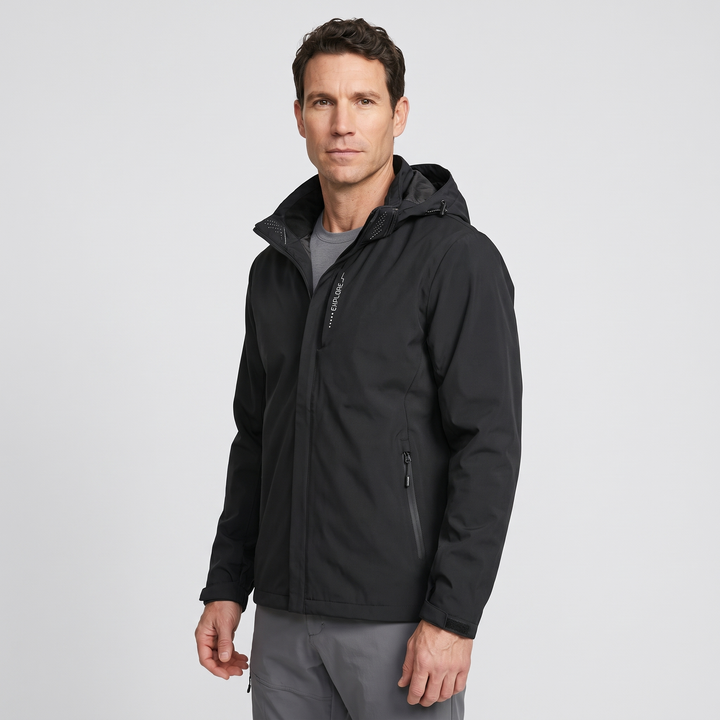 Waterproof rain jacket in Black - three-quarter side view