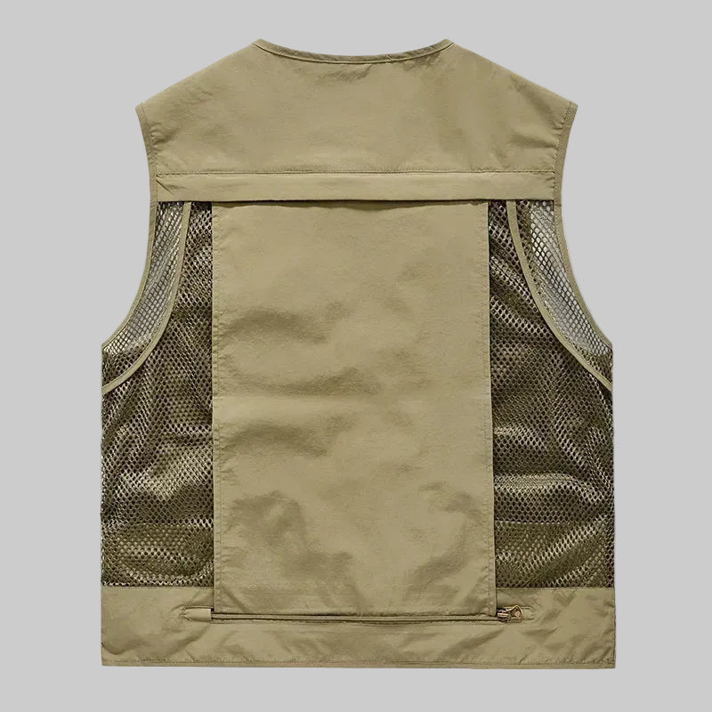 Khaki vest with mesh panels on a white background