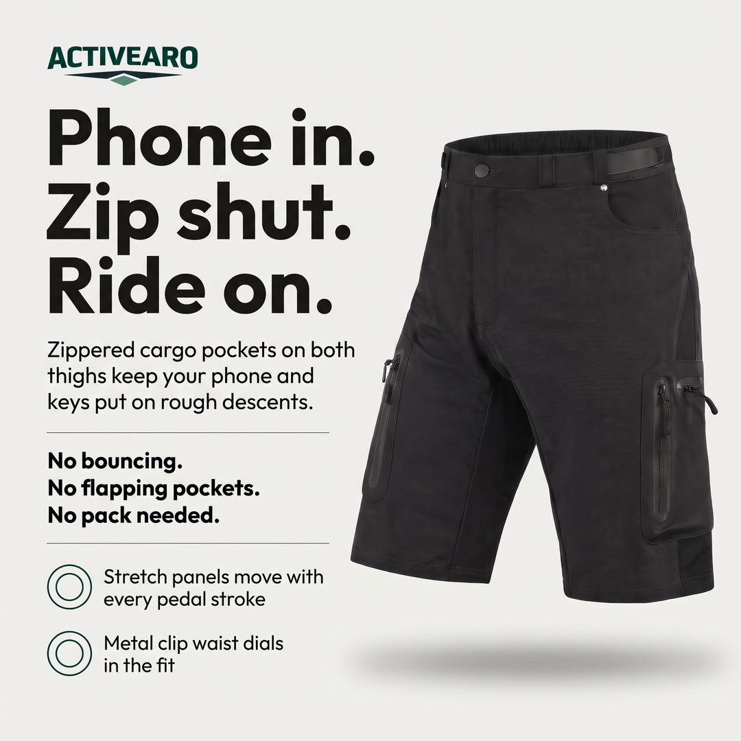 Phone in, zip shut, ride on: zippered cargo pockets on both thighs keep a phone and keys put on rough descents