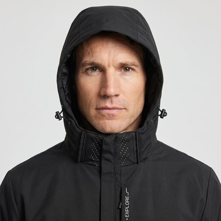 Waterproof rain jacket in Black - hood up with cord locks and hood clips