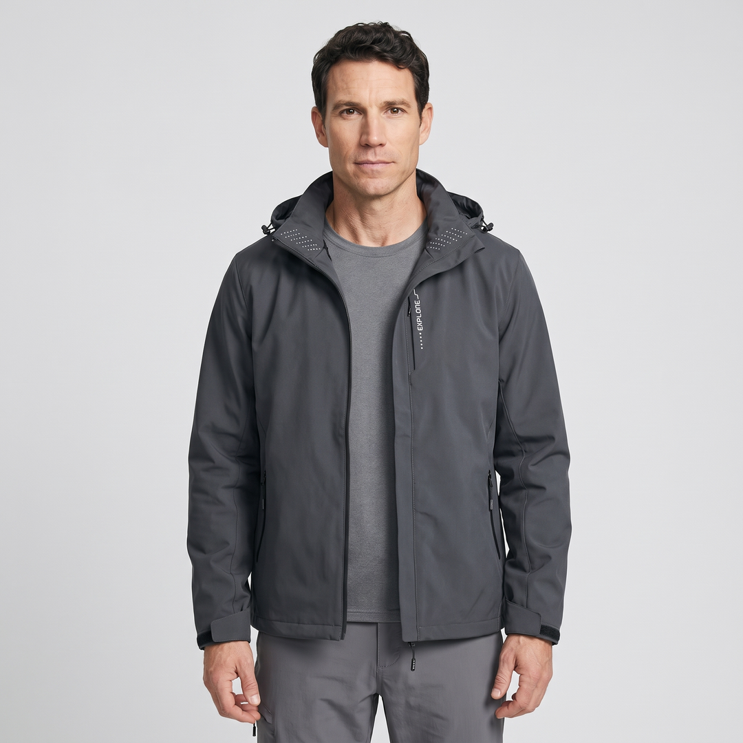 Waterproof rain jacket in Gray - front view on model