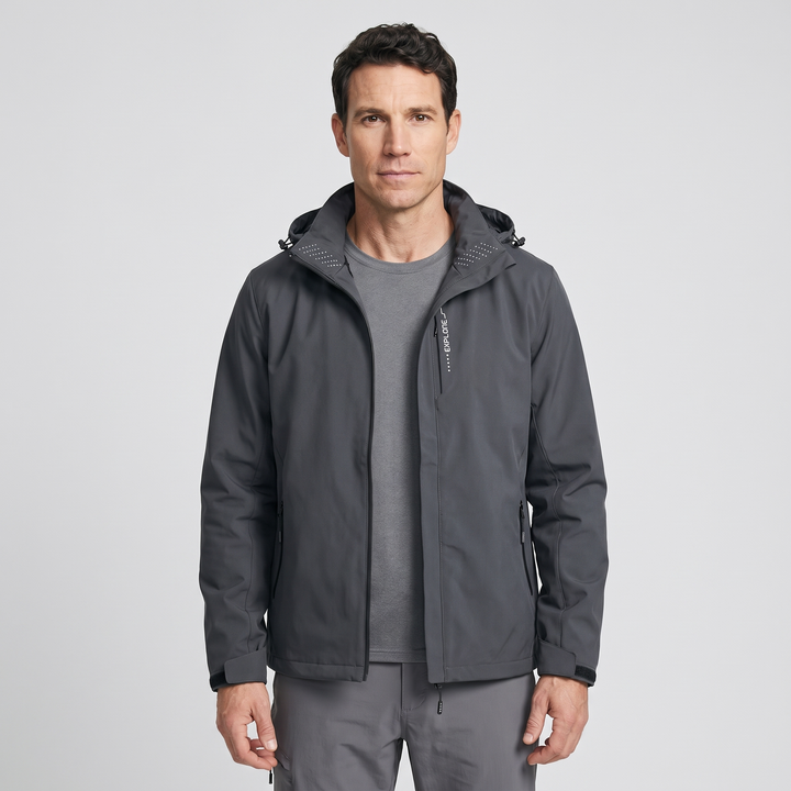 Waterproof rain jacket in Gray - front view on model