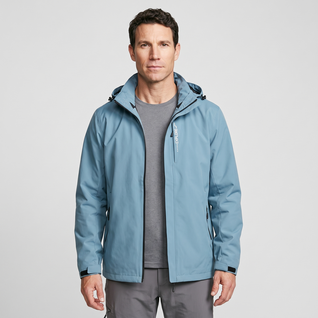 Waterproof rain jacket in Light Blue - front view on model