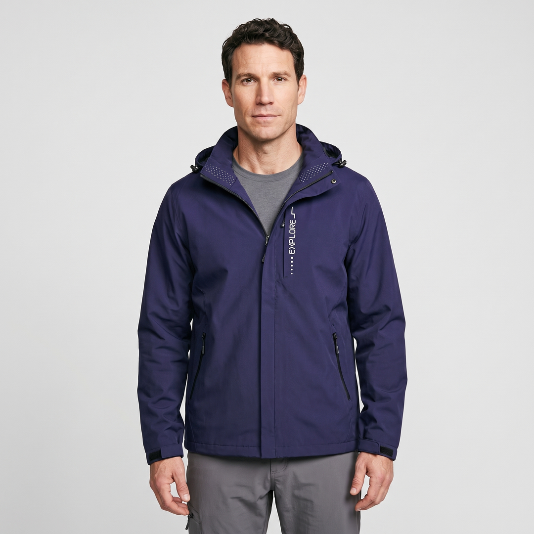 Waterproof rain jacket in Navy Blue - front view on model