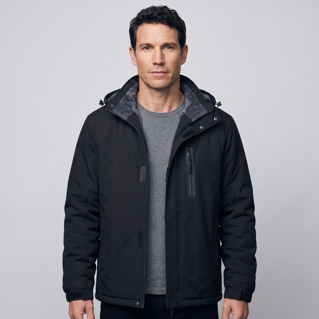 Man wearing the men's ski jacket in Black, studio front view