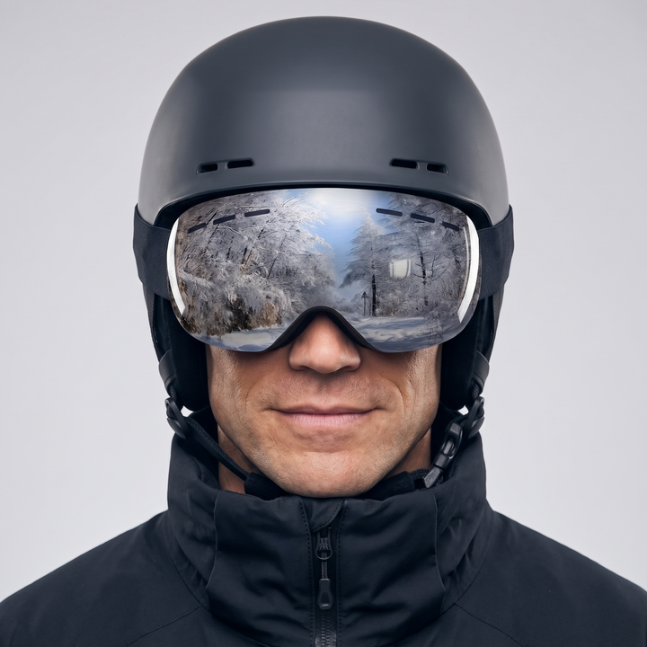 Man wearing the black ski goggles over a ski helmet, studio front view