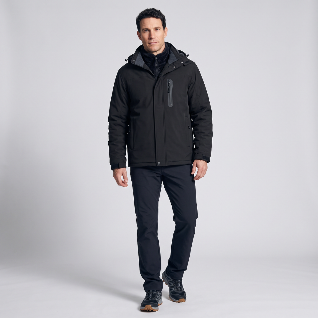 Man wearing the black fleece lined winter coat, full-length studio view