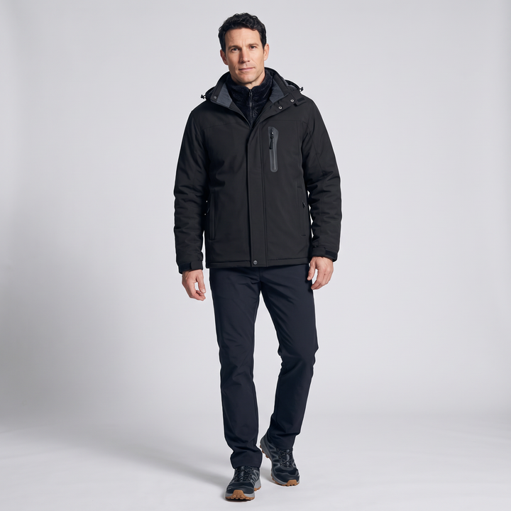 Man wearing the black fleece lined winter coat, full-length studio view