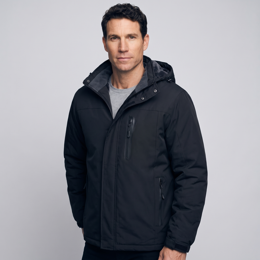 Man wearing the black ski jacket, three-quarter side view