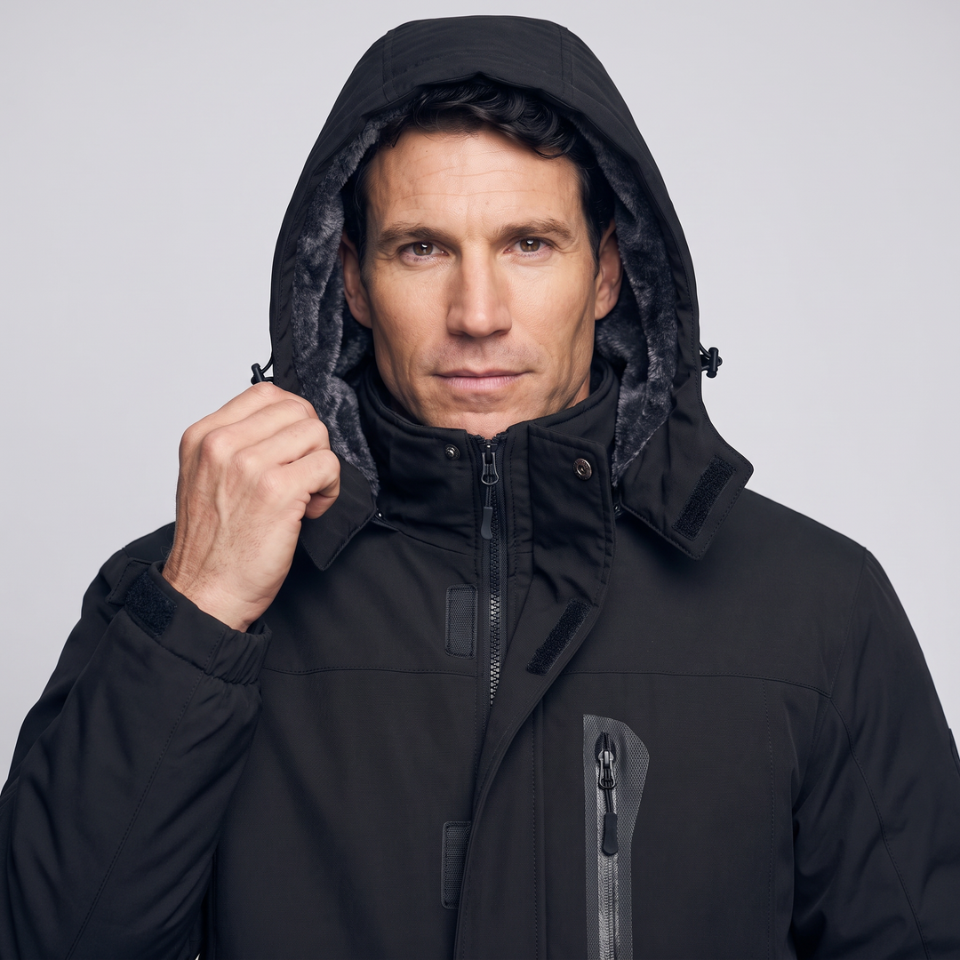 Fleece lined hood drawn in around the face with toggles