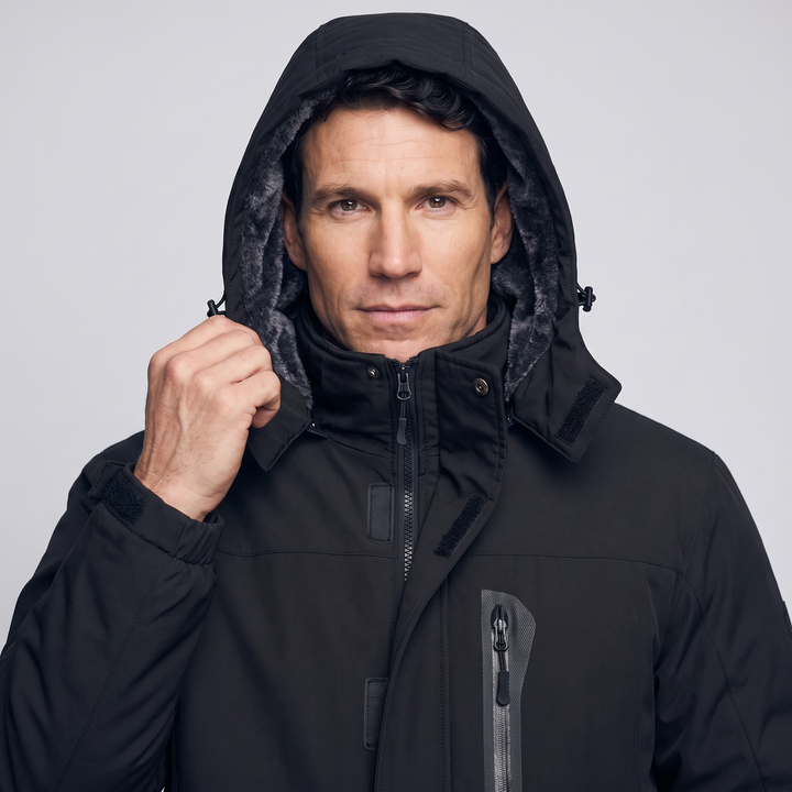 Fleece lined hood drawn in around the face with toggles