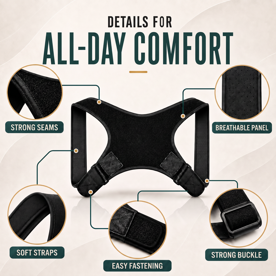 Back and shoulder support brace details: strong seams, breathable panel, soft straps, easy fastening and buckle