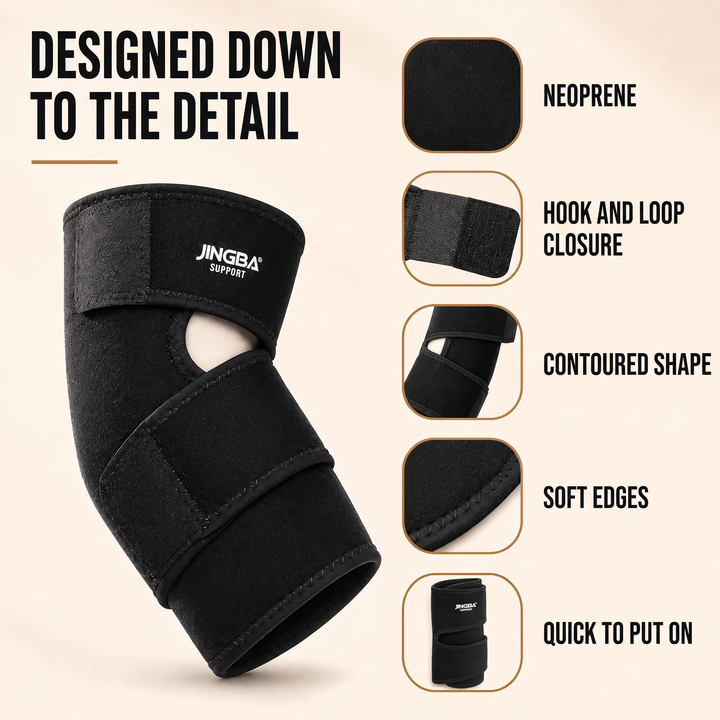Elbow wrap details: neoprene, hook and loop closure, contoured shape, soft edges and quick to put on