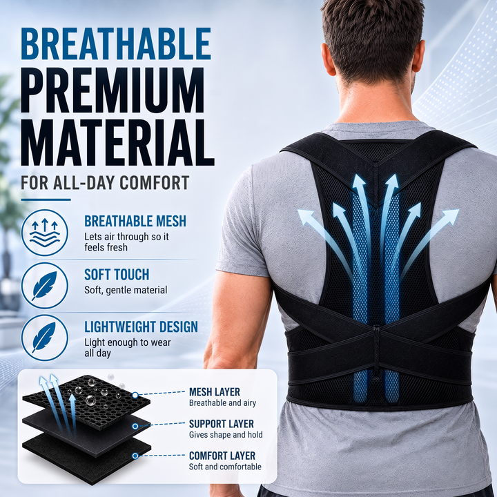 Breathable mesh, support and comfort layers of the back brace