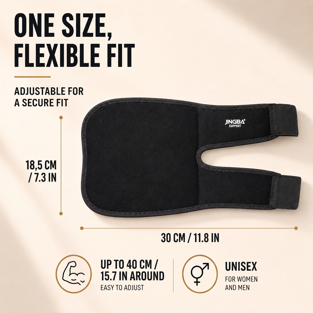 One size elbow wrap measuring 18.5 x 30 cm, fits arms up to 40 cm / 15.7 in around, unisex