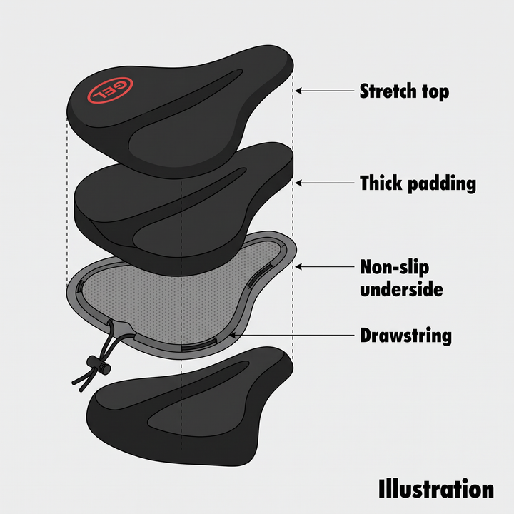 Illustration of the bike seat cover layers: stretch top, thick padding, non-slip underside, drawstring