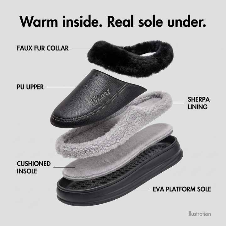 Exploded view of the slipper clog: faux fur collar, PU upper, sherpa lining, cushioned insole and EVA platform sole