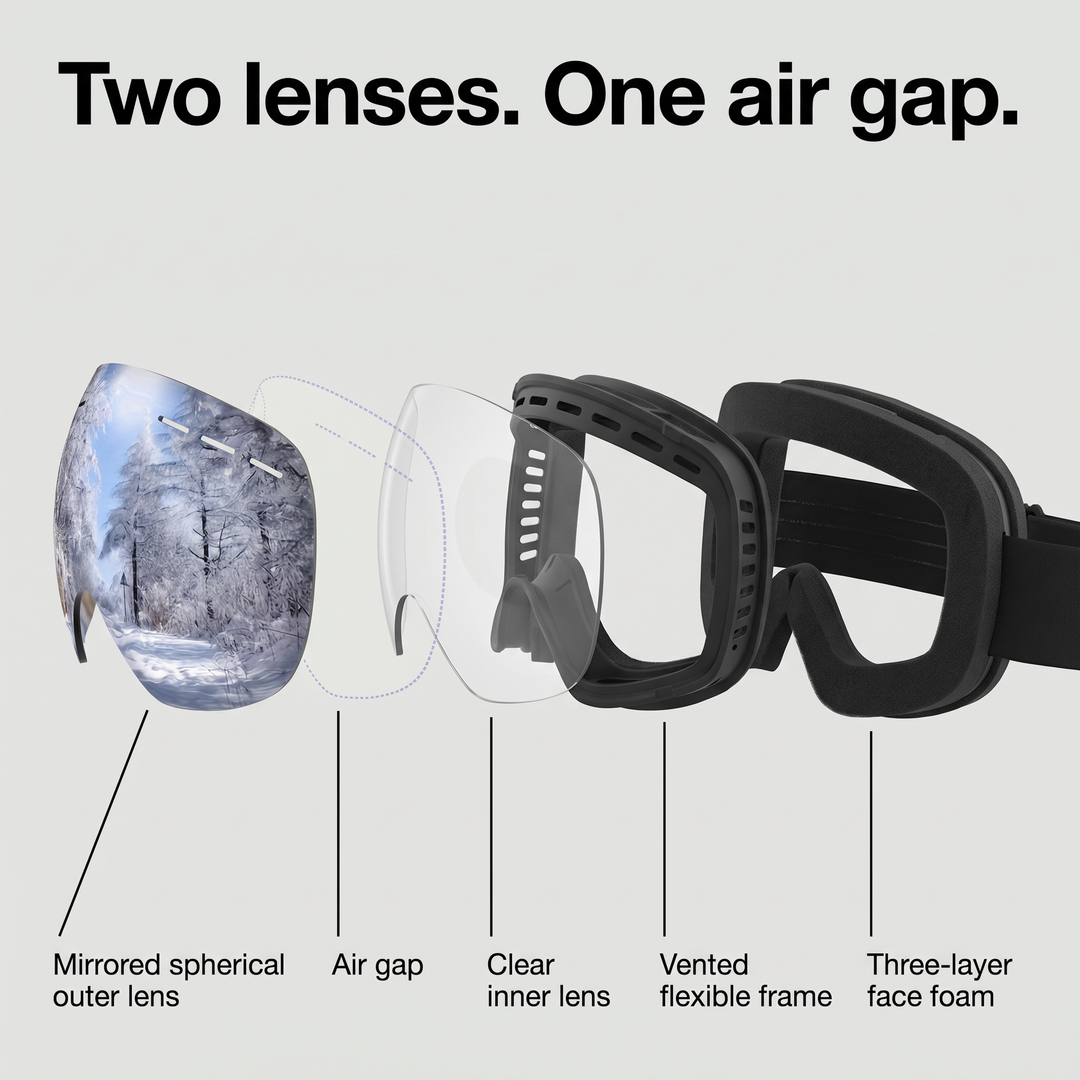 Exploded view of the ski goggles: mirrored outer lens, air gap, inner lens, vented frame and foam
