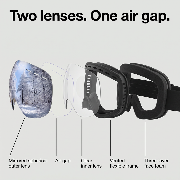 Exploded view of the ski goggles: mirrored outer lens, air gap, inner lens, vented frame and foam