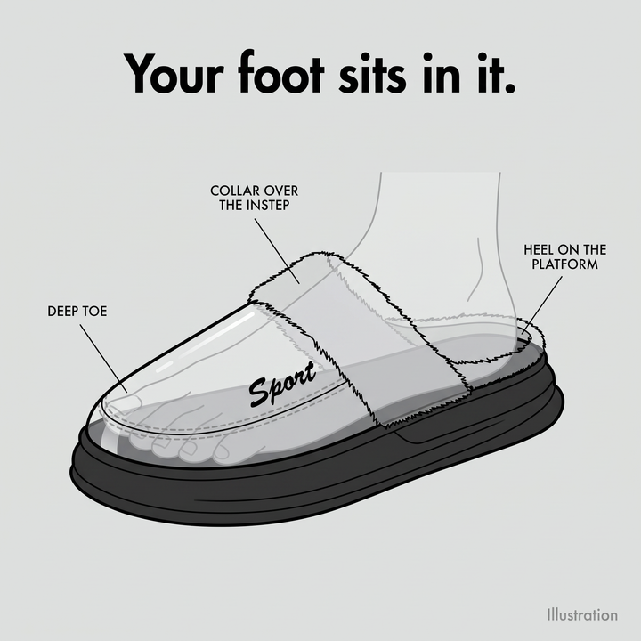 Illustration of how the foot sits in the slipper clog