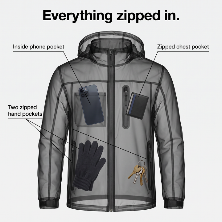 Pocket layout of the ski jacket: inside phone pocket, chest pocket and hand pockets