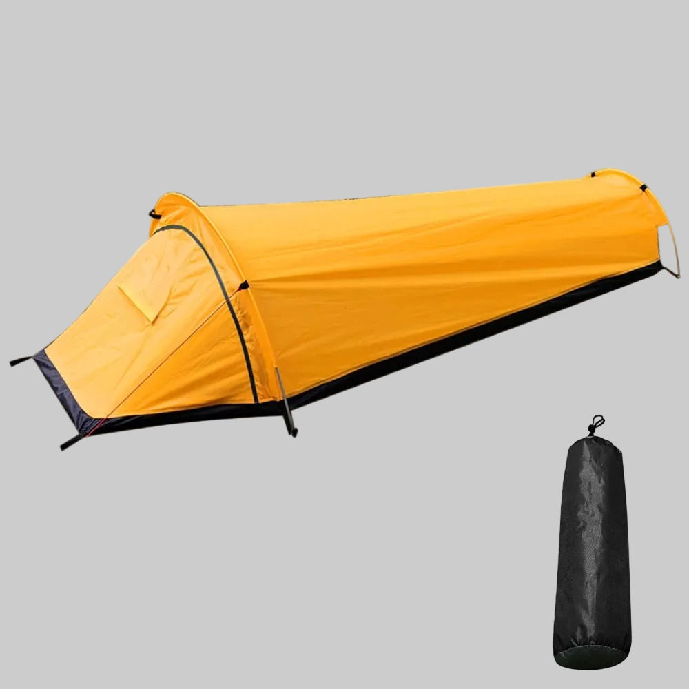Yellow camping tent with black trim and a matching storage bag on a white background