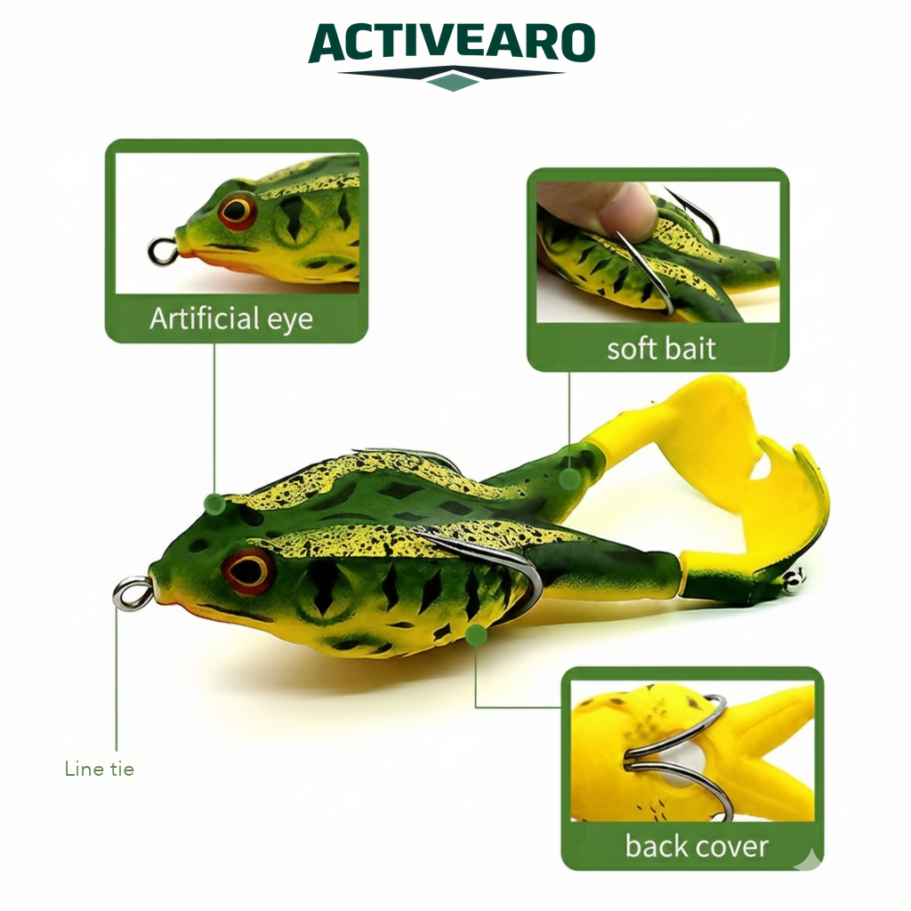 Surface frog lure features: artificial eye, soft bait body, back cover, line connection