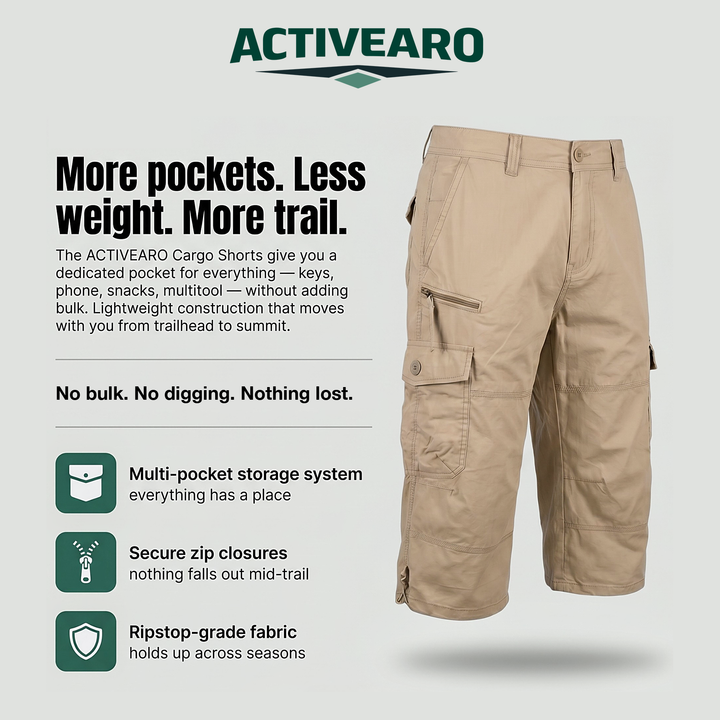 Lightweight cargo shorts features - multi-pocket storage, secure zip closures, ripstop-grade fabric