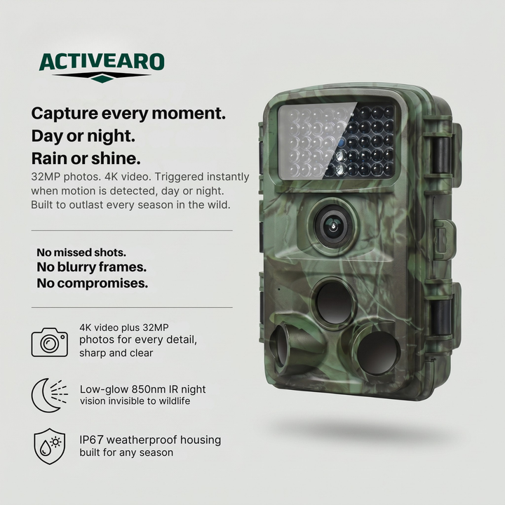 4K 32MP Trail Camera – Motion Detection & Low-Glow Night Vision – ip67