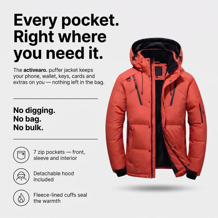 Men's puffer jacket - every pocket right where you need it - feature infographic