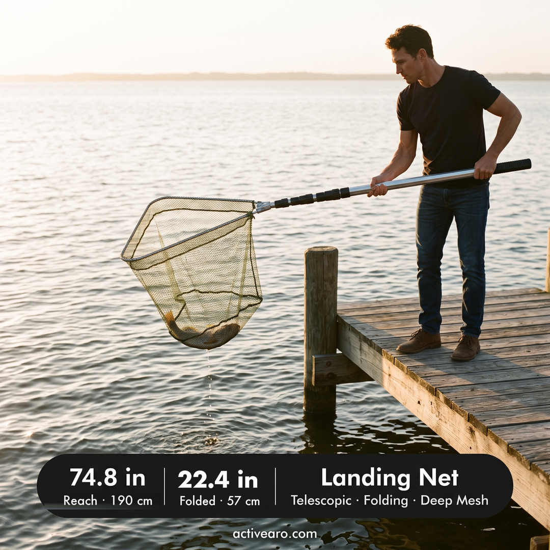 Angler landing a fish from a pier with a telescopic net, 74.8 in (190 cm) reach